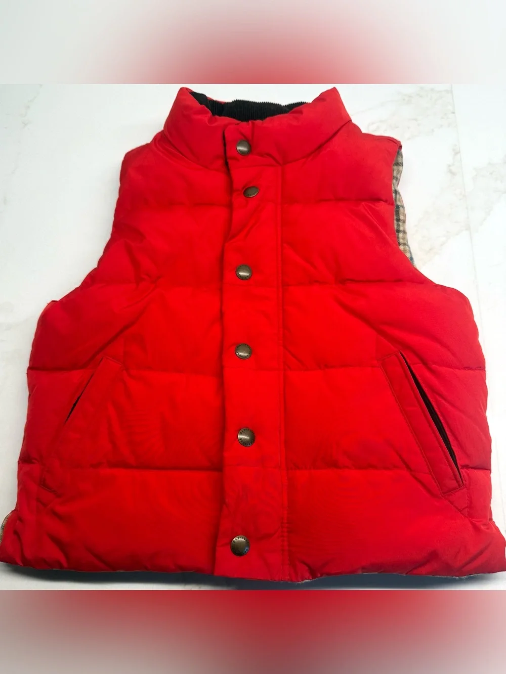 Baby Gap Red Puffer Vest 3T Plaid Lined Zip & Snap Front Toddler Boys